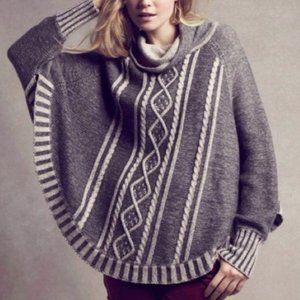 Anthropologie Gray Cable Knit Poncho with Cream Stripes